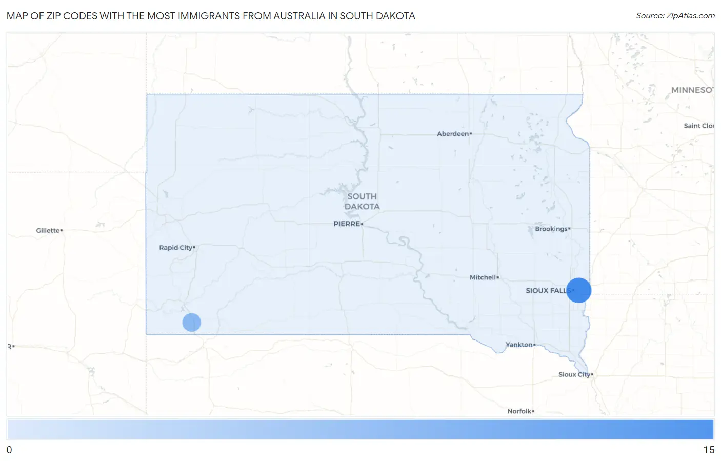 Zip Codes with the Most Immigrants from Australia in South Dakota Map