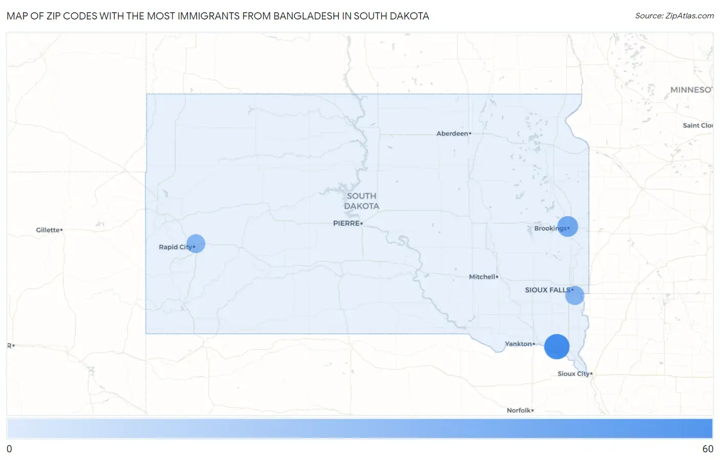 Zip Codes with the Most Immigrants from Bangladesh in South Dakota Map