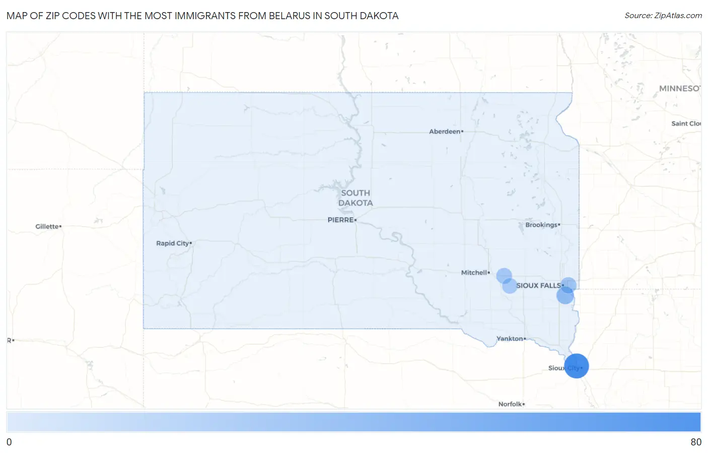 Zip Codes with the Most Immigrants from Belarus in South Dakota Map