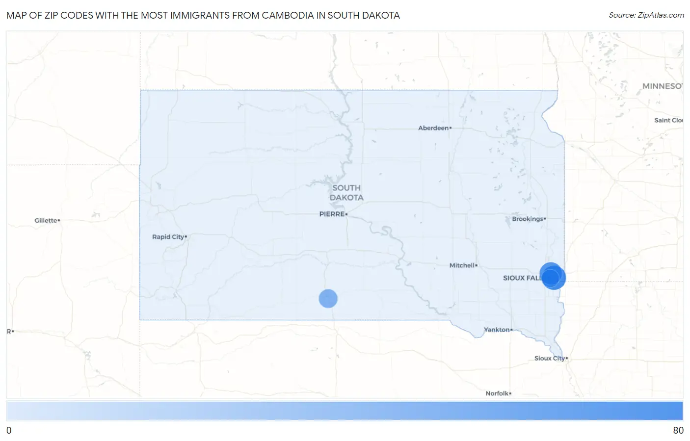 Zip Codes with the Most Immigrants from Cambodia in South Dakota Map