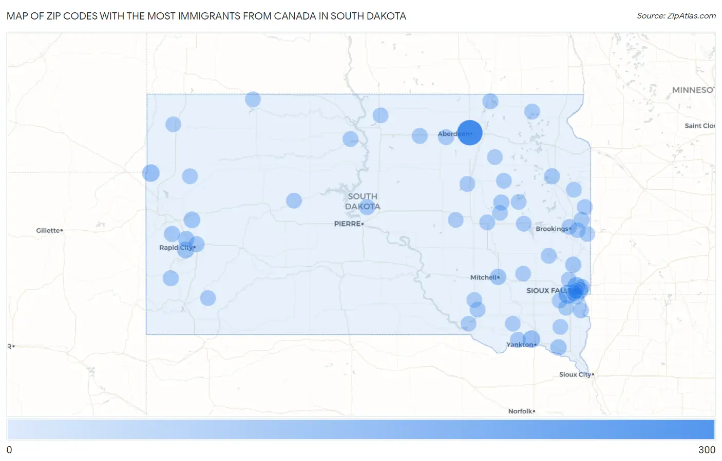 Zip Codes with the Most Immigrants from Canada in South Dakota Map