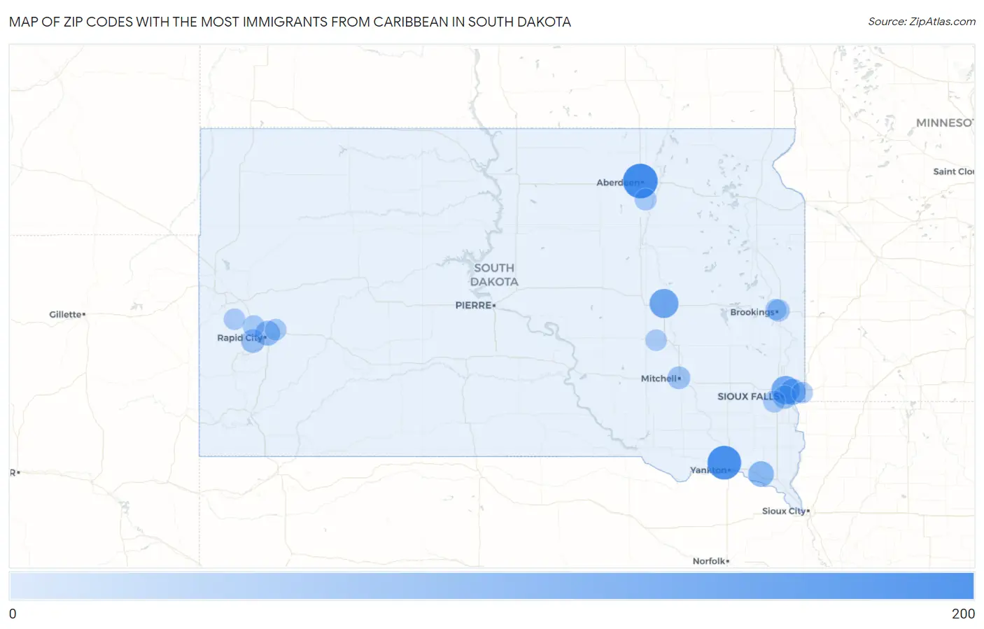 Zip Codes with the Most Immigrants from Caribbean in South Dakota Map