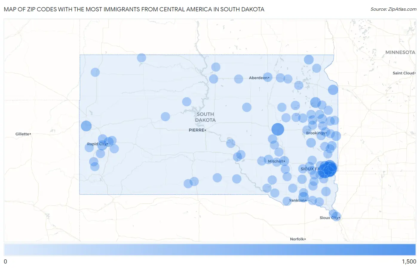 Zip Codes with the Most Immigrants from Central America in South Dakota Map