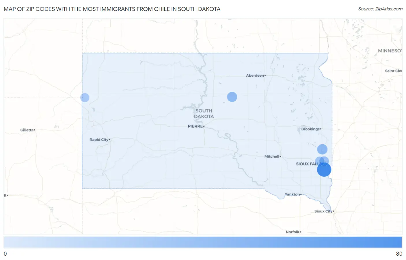 Zip Codes with the Most Immigrants from Chile in South Dakota Map