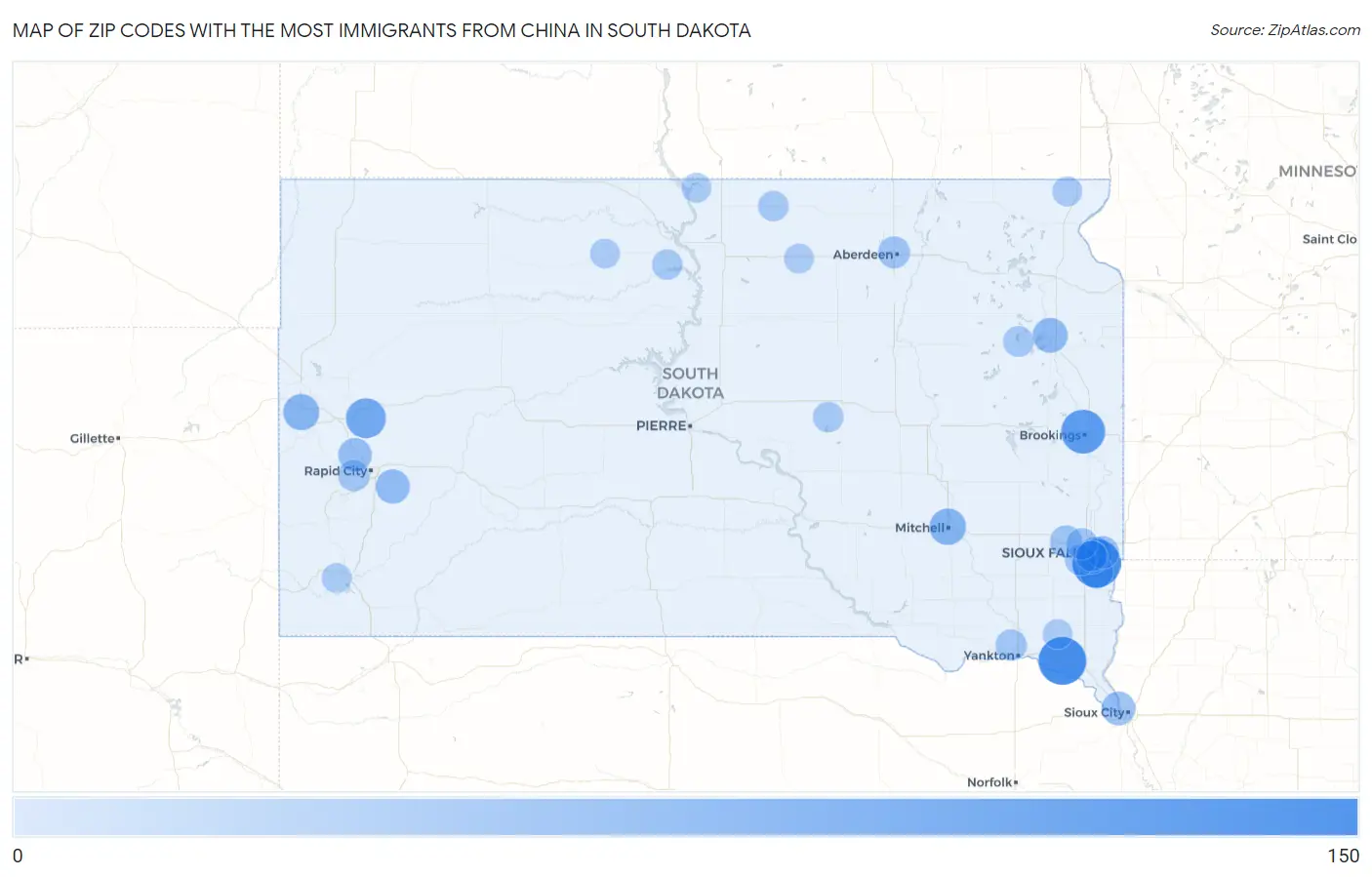 Zip Codes with the Most Immigrants from China in South Dakota Map