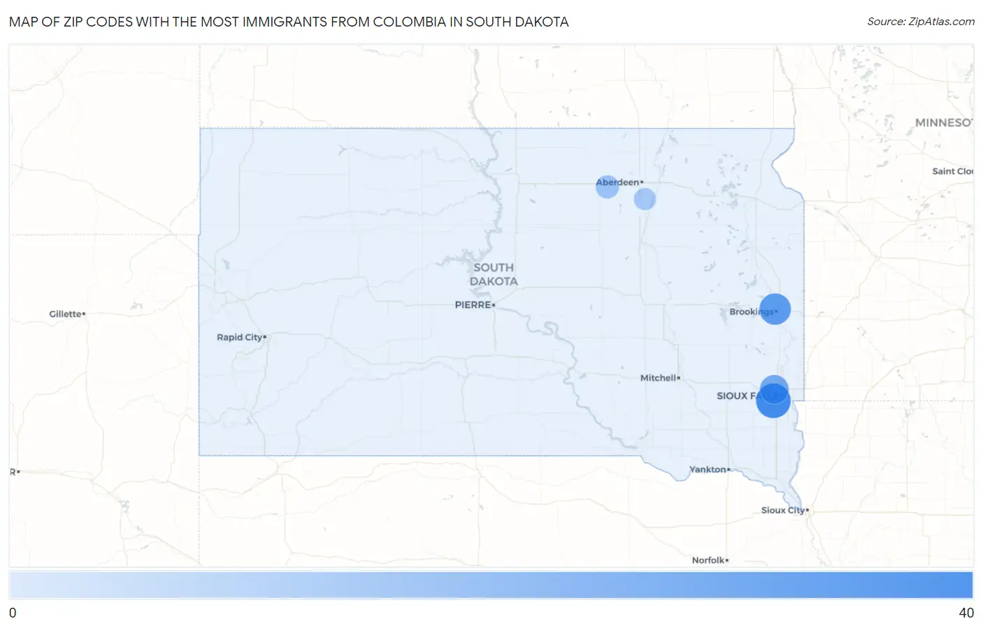 Zip Codes with the Most Immigrants from Colombia in South Dakota Map