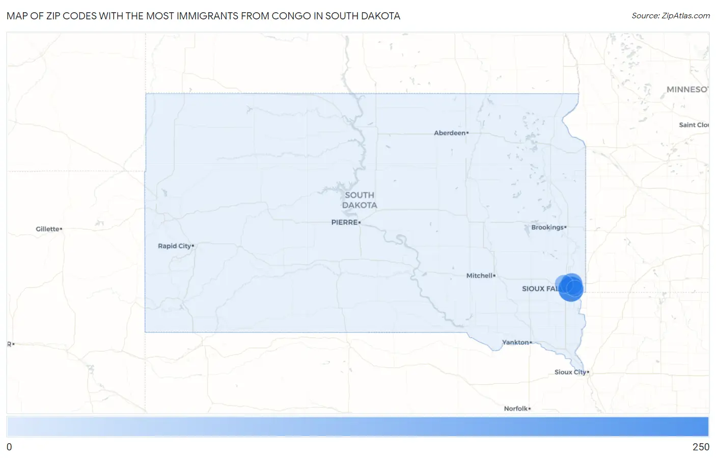 Zip Codes with the Most Immigrants from Congo in South Dakota Map