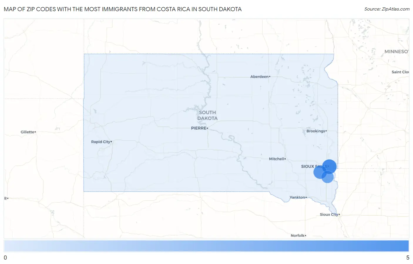 Zip Codes with the Most Immigrants from Costa Rica in South Dakota Map