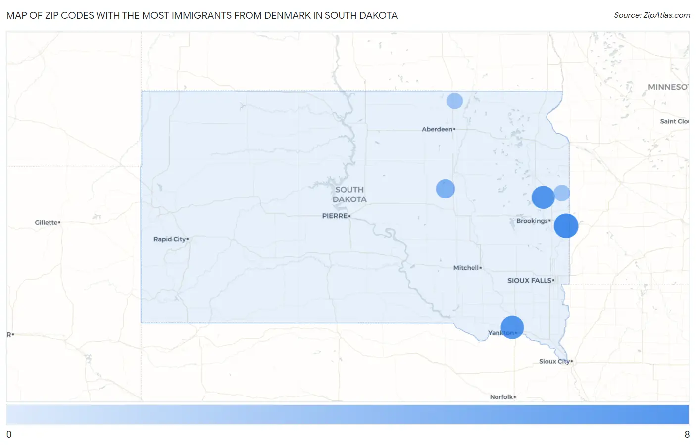 Zip Codes with the Most Immigrants from Denmark in South Dakota Map