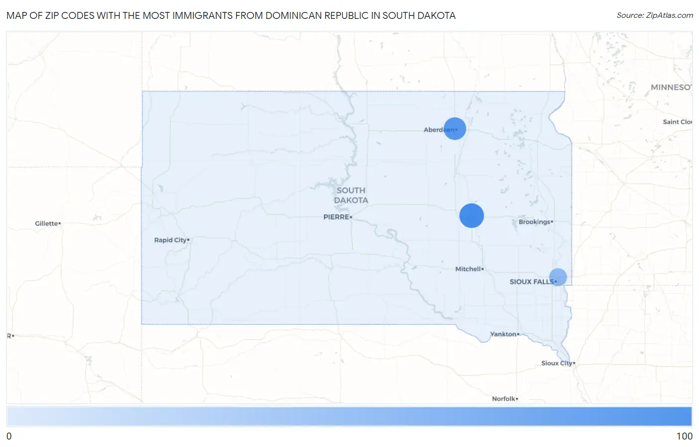 Zip Codes with the Most Immigrants from Dominican Republic in South Dakota Map