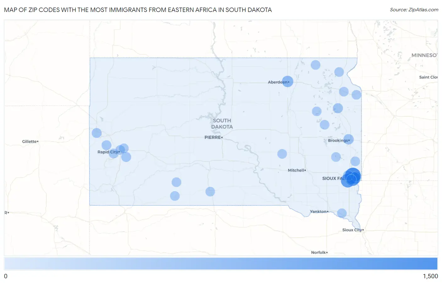 Zip Codes with the Most Immigrants from Eastern Africa in South Dakota Map