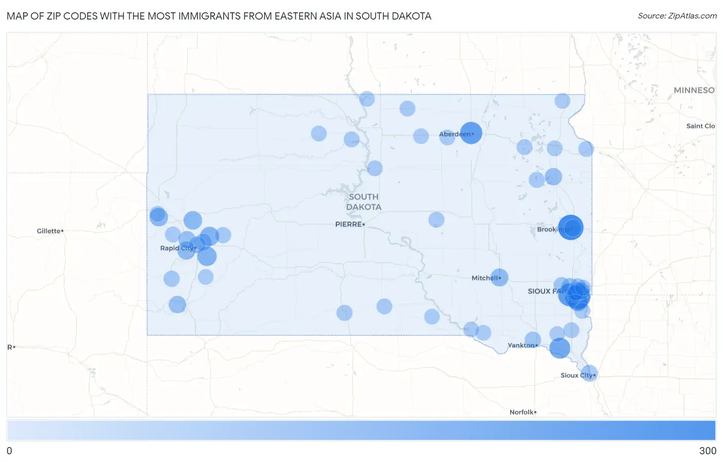 Zip Codes with the Most Immigrants from Eastern Asia in South Dakota Map