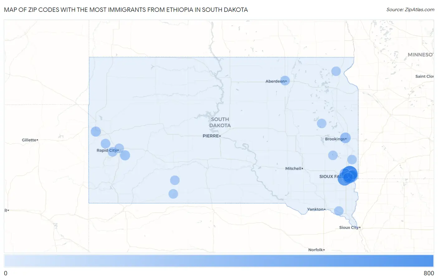 Zip Codes with the Most Immigrants from Ethiopia in South Dakota Map