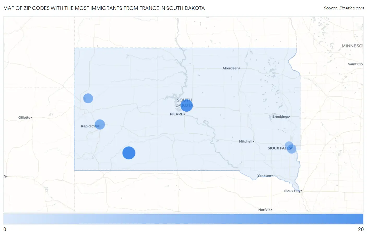 Zip Codes with the Most Immigrants from France in South Dakota Map