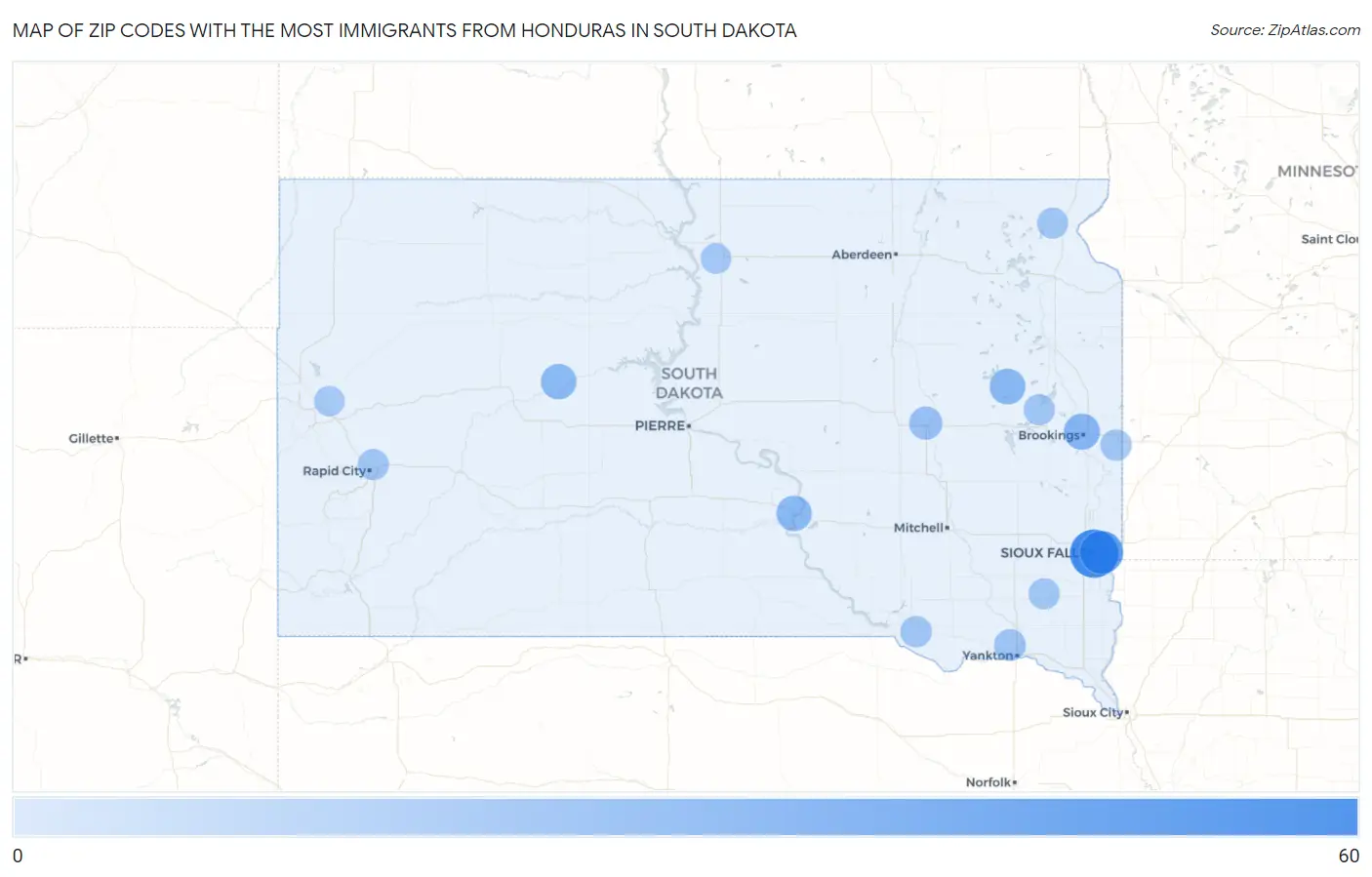 Zip Codes with the Most Immigrants from Honduras in South Dakota Map
