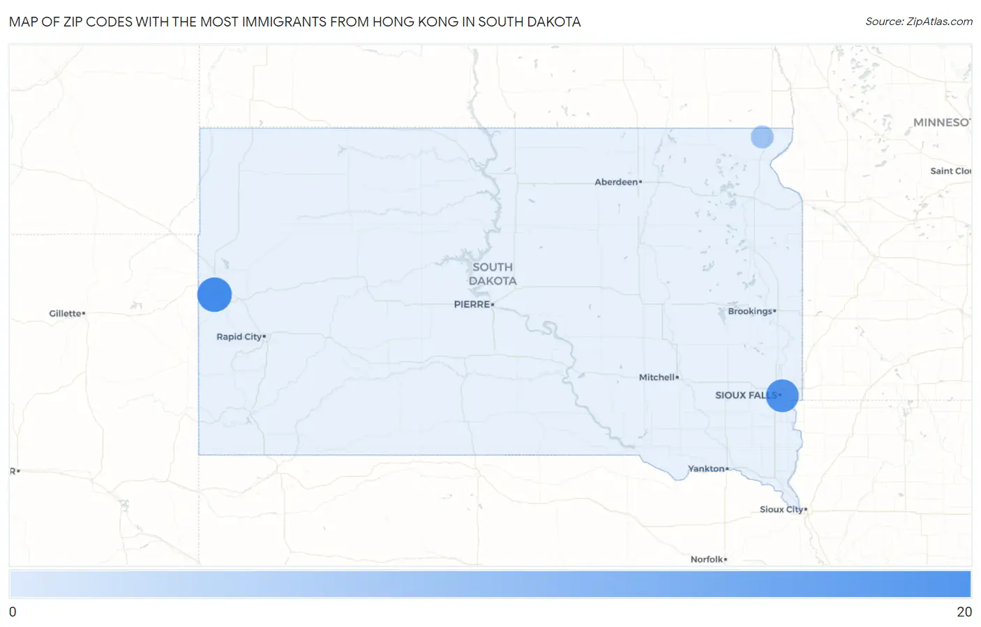 Zip Codes with the Most Immigrants from Hong Kong in South Dakota Map