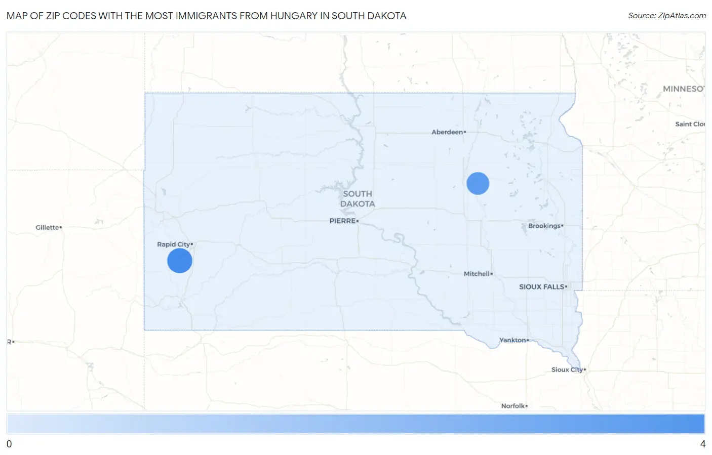 Zip Codes with the Most Immigrants from Hungary in South Dakota Map