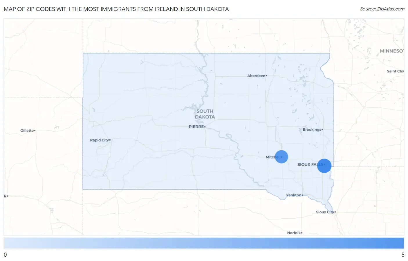Zip Codes with the Most Immigrants from Ireland in South Dakota Map