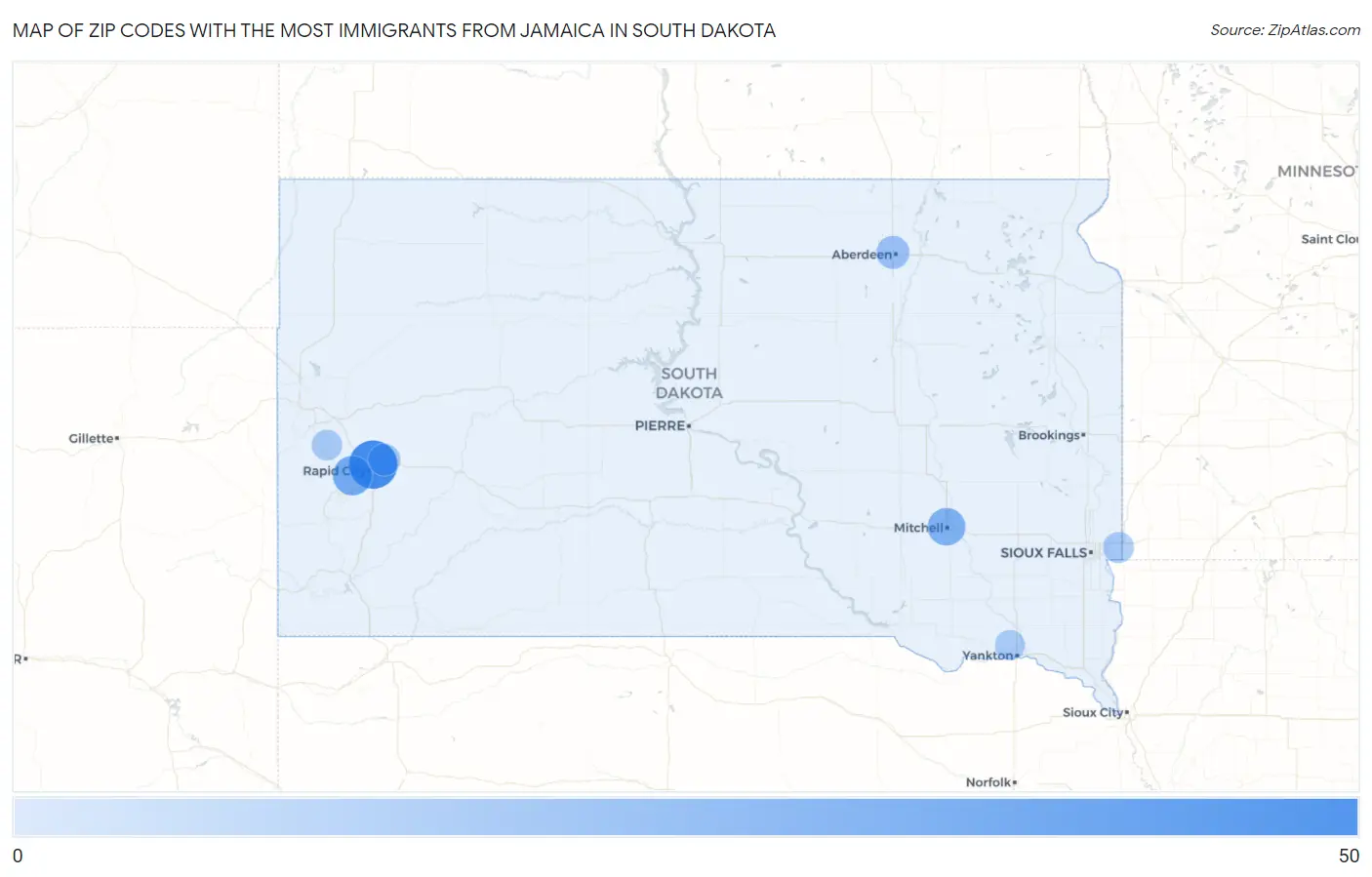 Zip Codes with the Most Immigrants from Jamaica in South Dakota Map