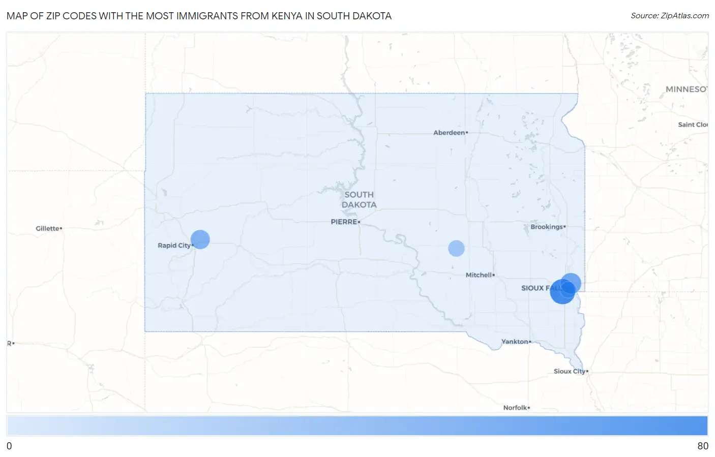 Zip Codes with the Most Immigrants from Kenya in South Dakota Map