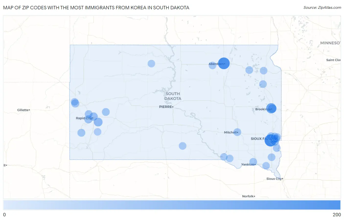 Zip Codes with the Most Immigrants from Korea in South Dakota Map
