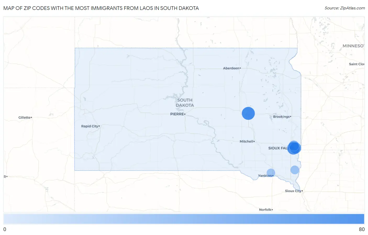 Zip Codes with the Most Immigrants from Laos in South Dakota Map