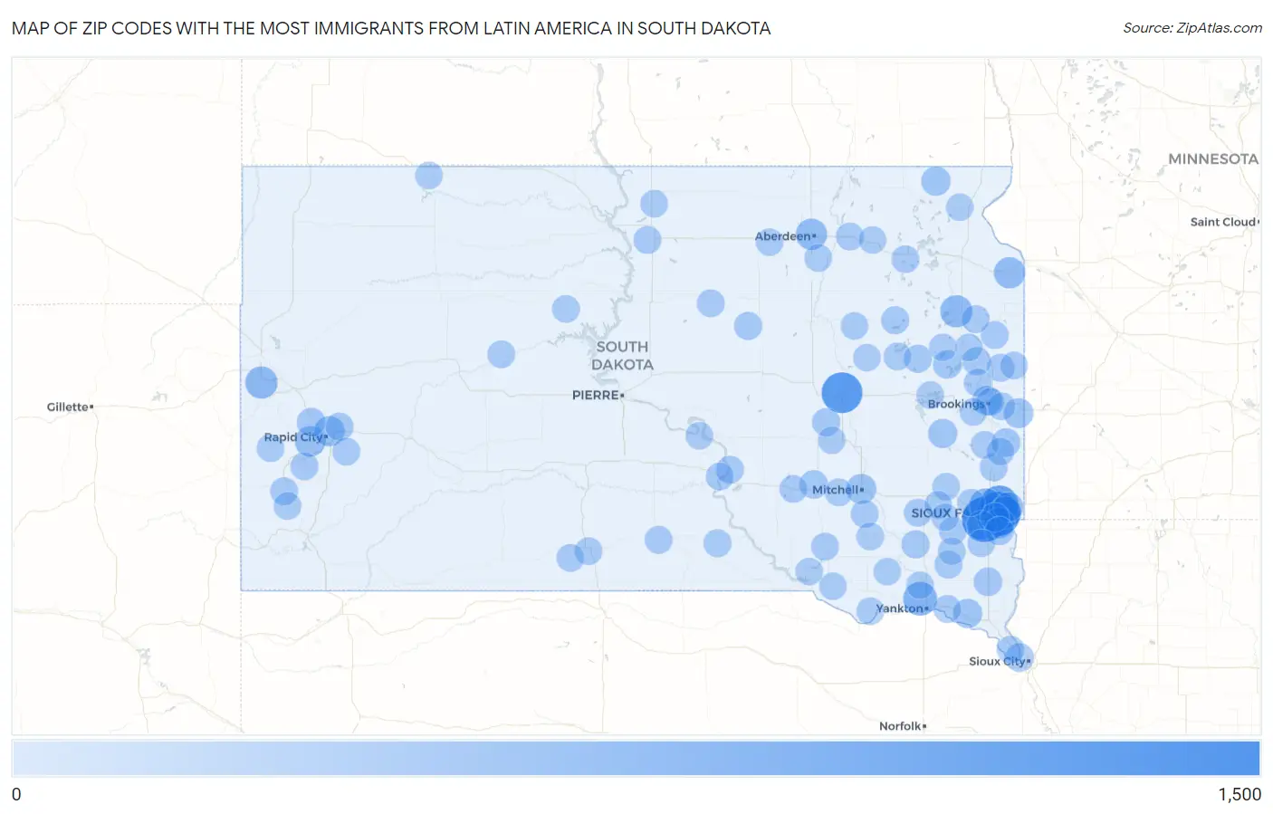 Zip Codes with the Most Immigrants from Latin America in South Dakota Map