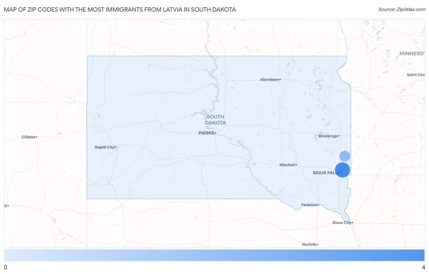 Zip Codes with the Most Immigrants from Latvia in South Dakota Map