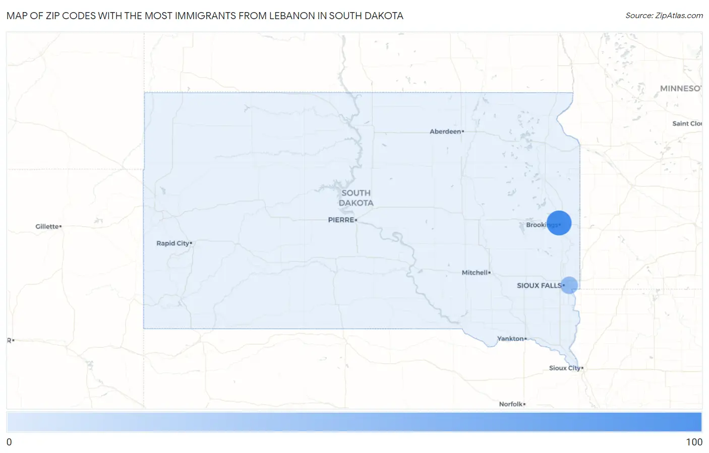 Zip Codes with the Most Immigrants from Lebanon in South Dakota Map