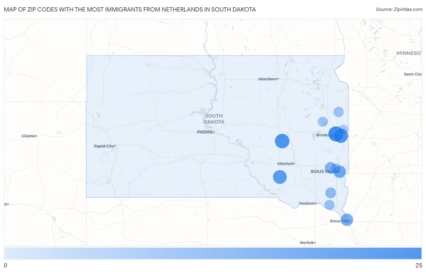 Zip Codes with the Most Immigrants from Netherlands in South Dakota Map