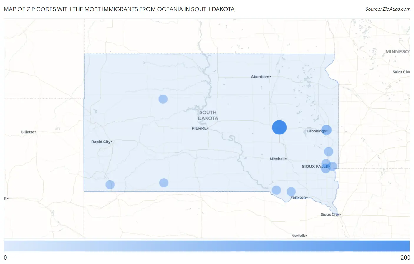 Zip Codes with the Most Immigrants from Oceania in South Dakota Map