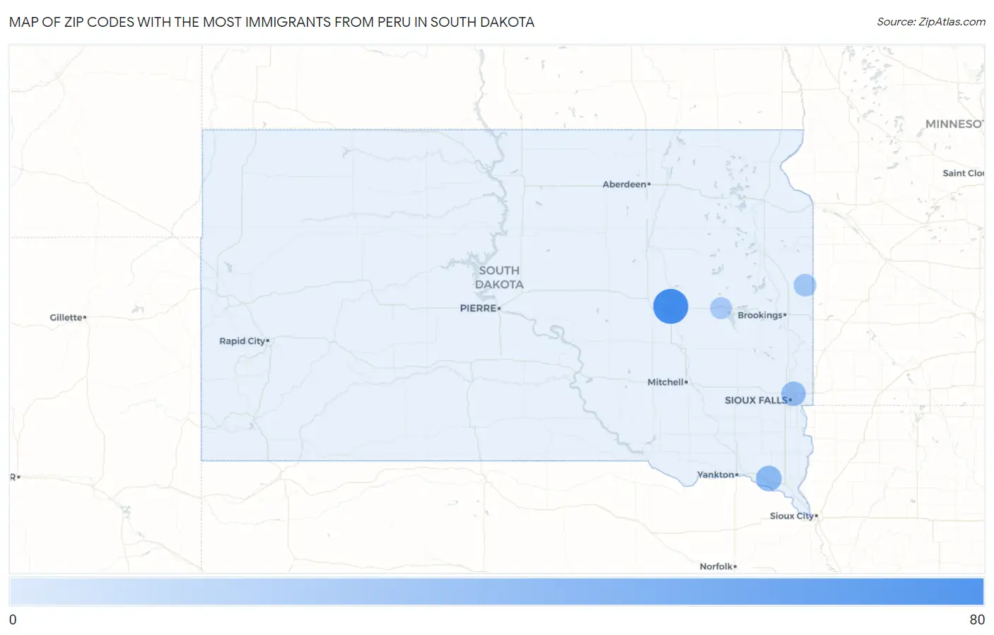 Zip Codes with the Most Immigrants from Peru in South Dakota Map