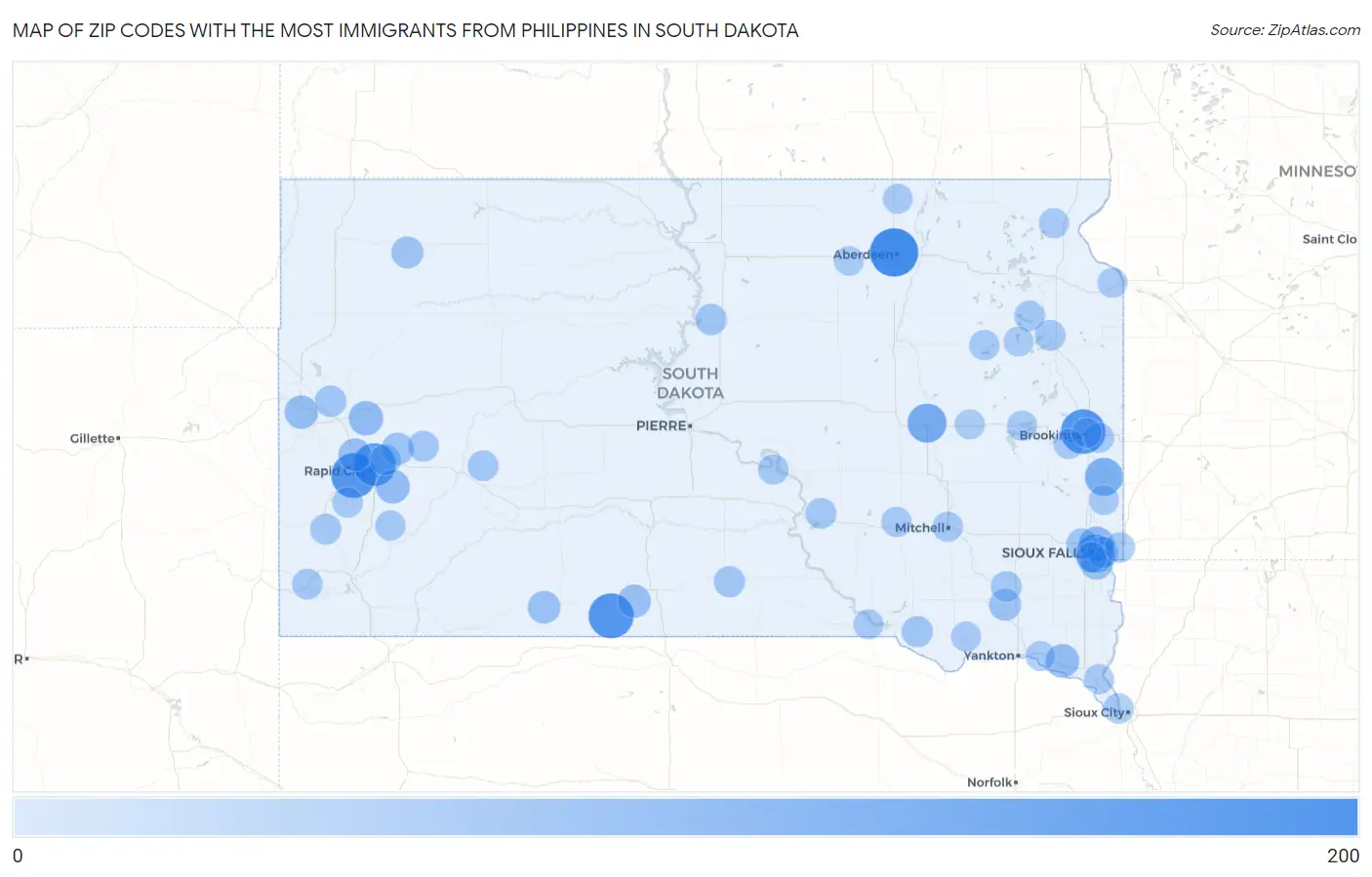 Zip Codes with the Most Immigrants from Philippines in South Dakota Map