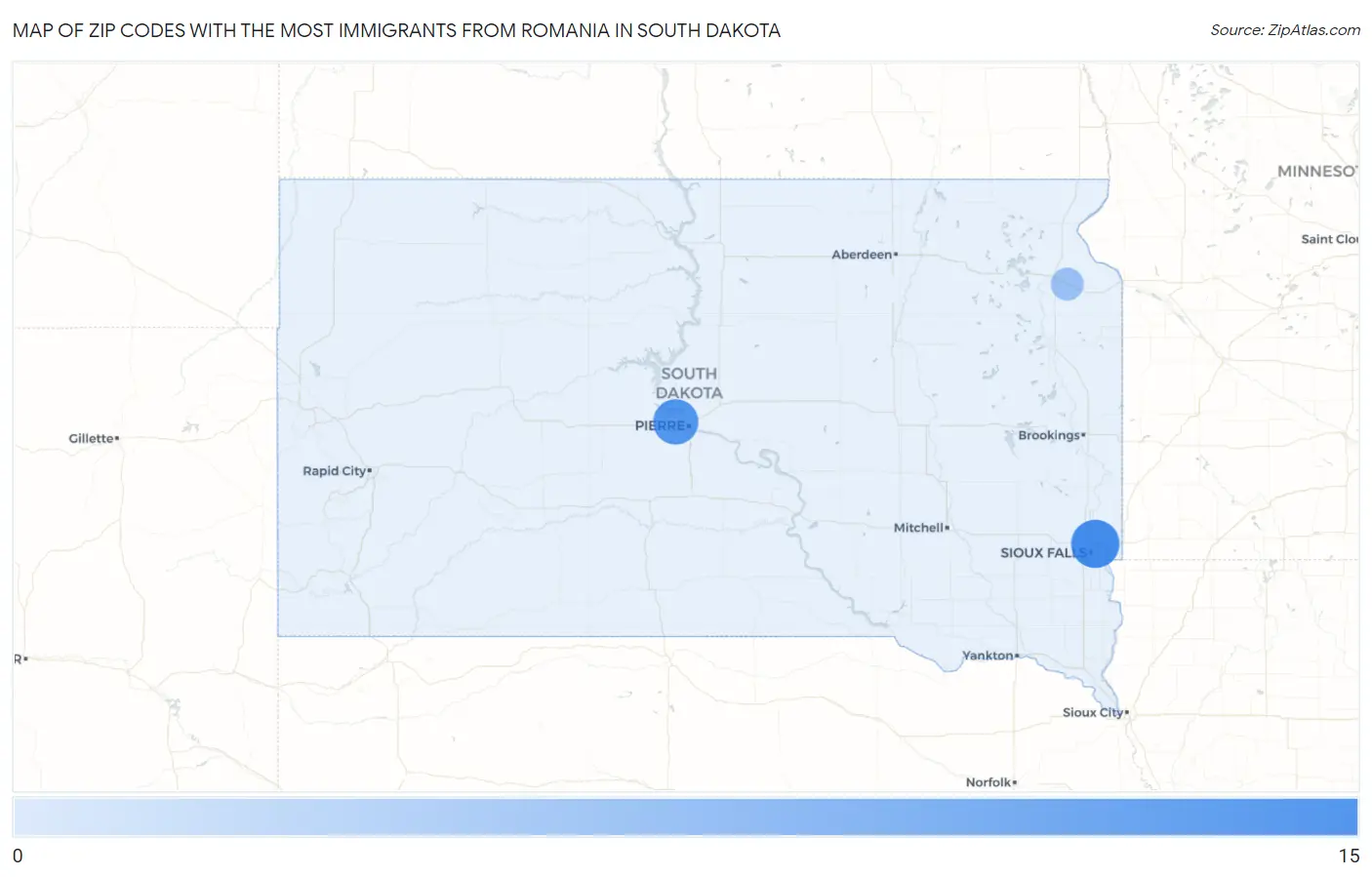 Zip Codes with the Most Immigrants from Romania in South Dakota Map
