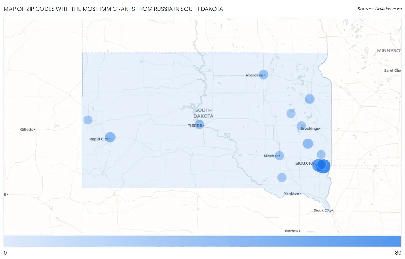 Zip Codes with the Most Immigrants from Russia in South Dakota Map