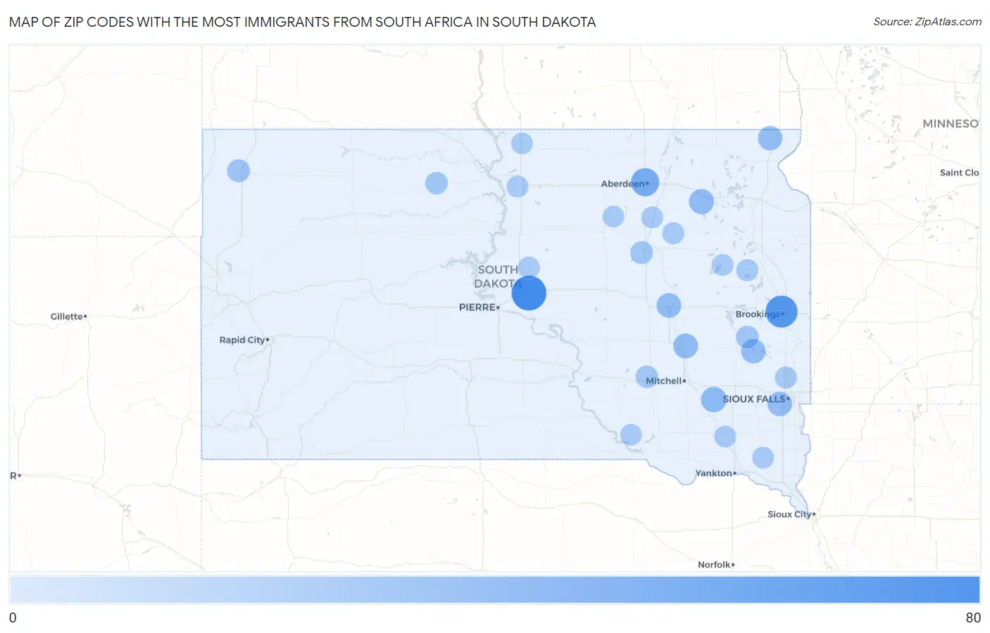 Zip Codes with the Most Immigrants from South Africa in South Dakota Map