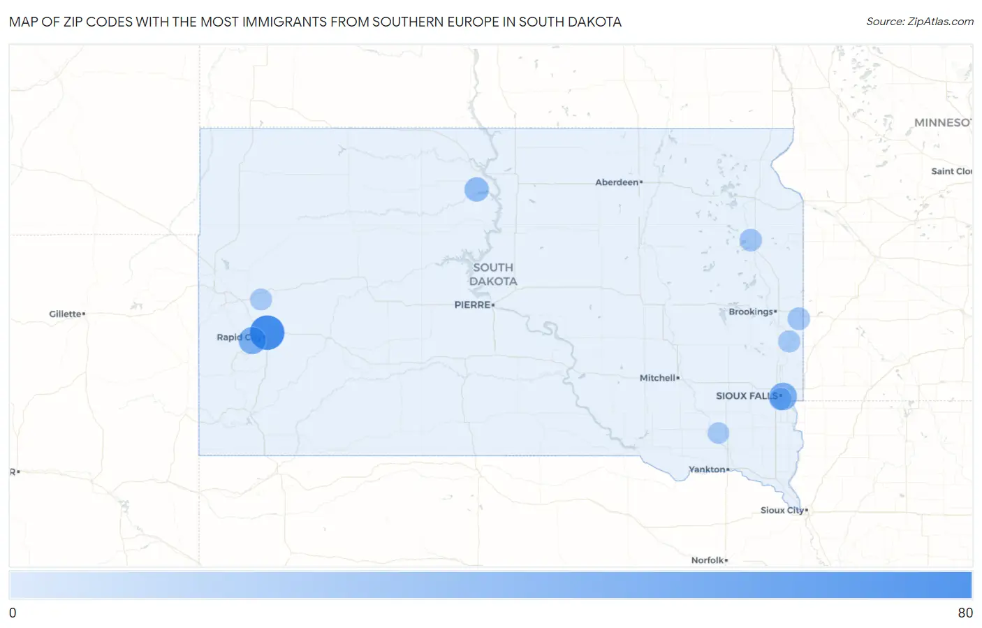 Zip Codes with the Most Immigrants from Southern Europe in South Dakota Map