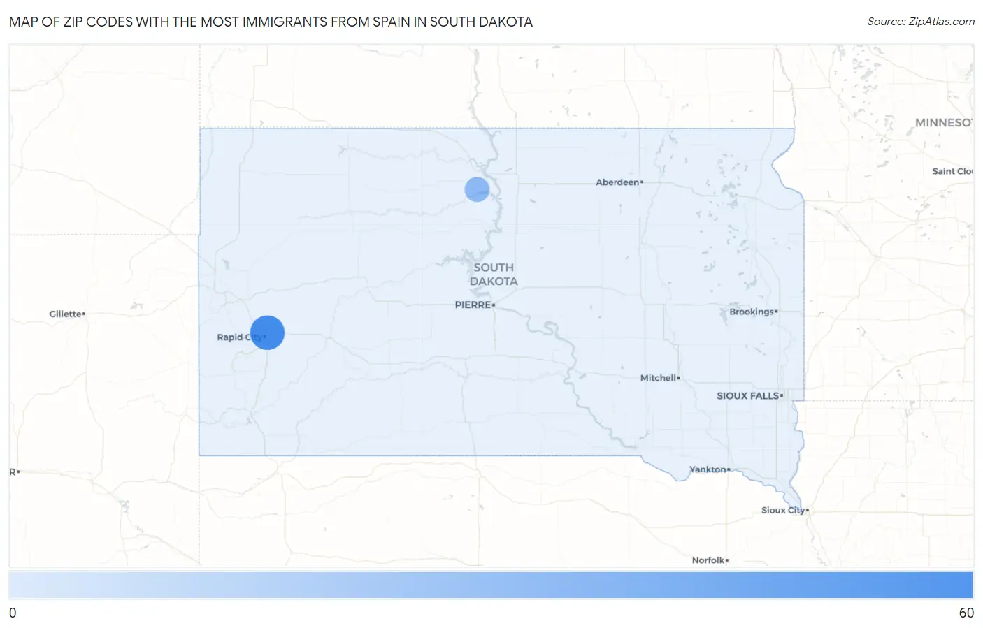 Zip Codes with the Most Immigrants from Spain in South Dakota Map