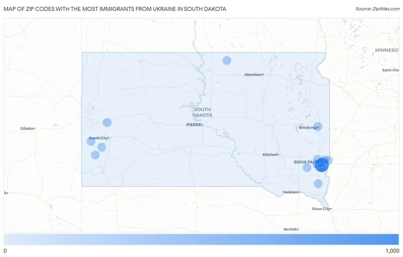 Zip Codes with the Most Immigrants from Ukraine in South Dakota Map