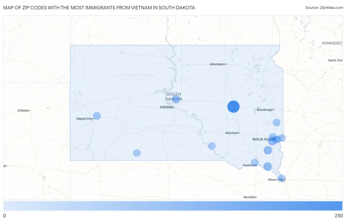Zip Codes with the Most Immigrants from Vietnam in South Dakota Map
