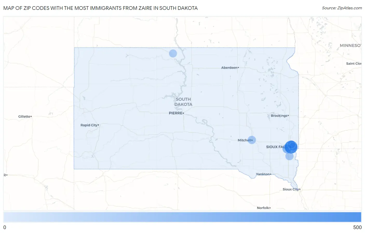 Zip Codes with the Most Immigrants from Zaire in South Dakota Map