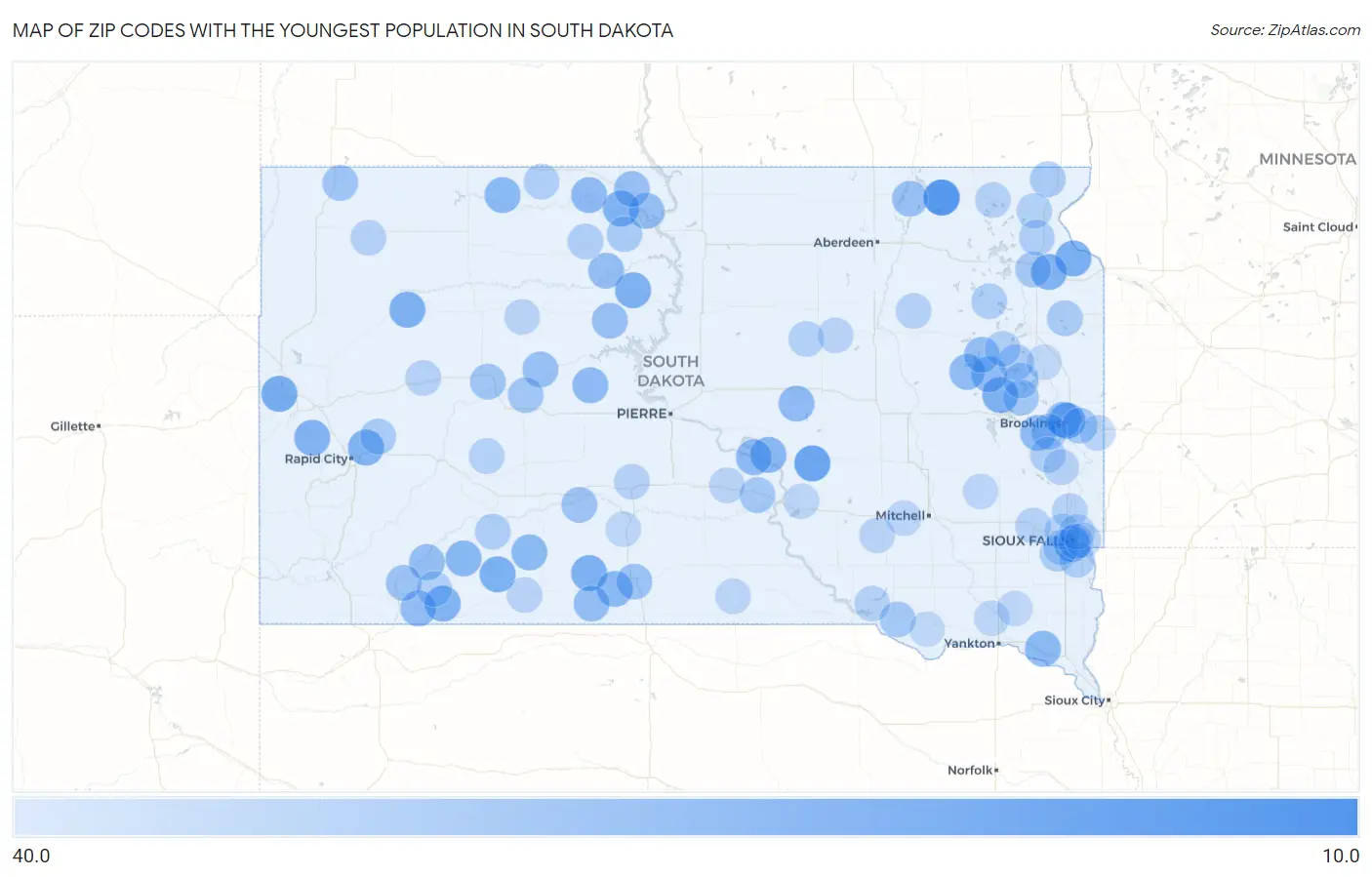 Zip Codes with the Youngest Population in South Dakota Map