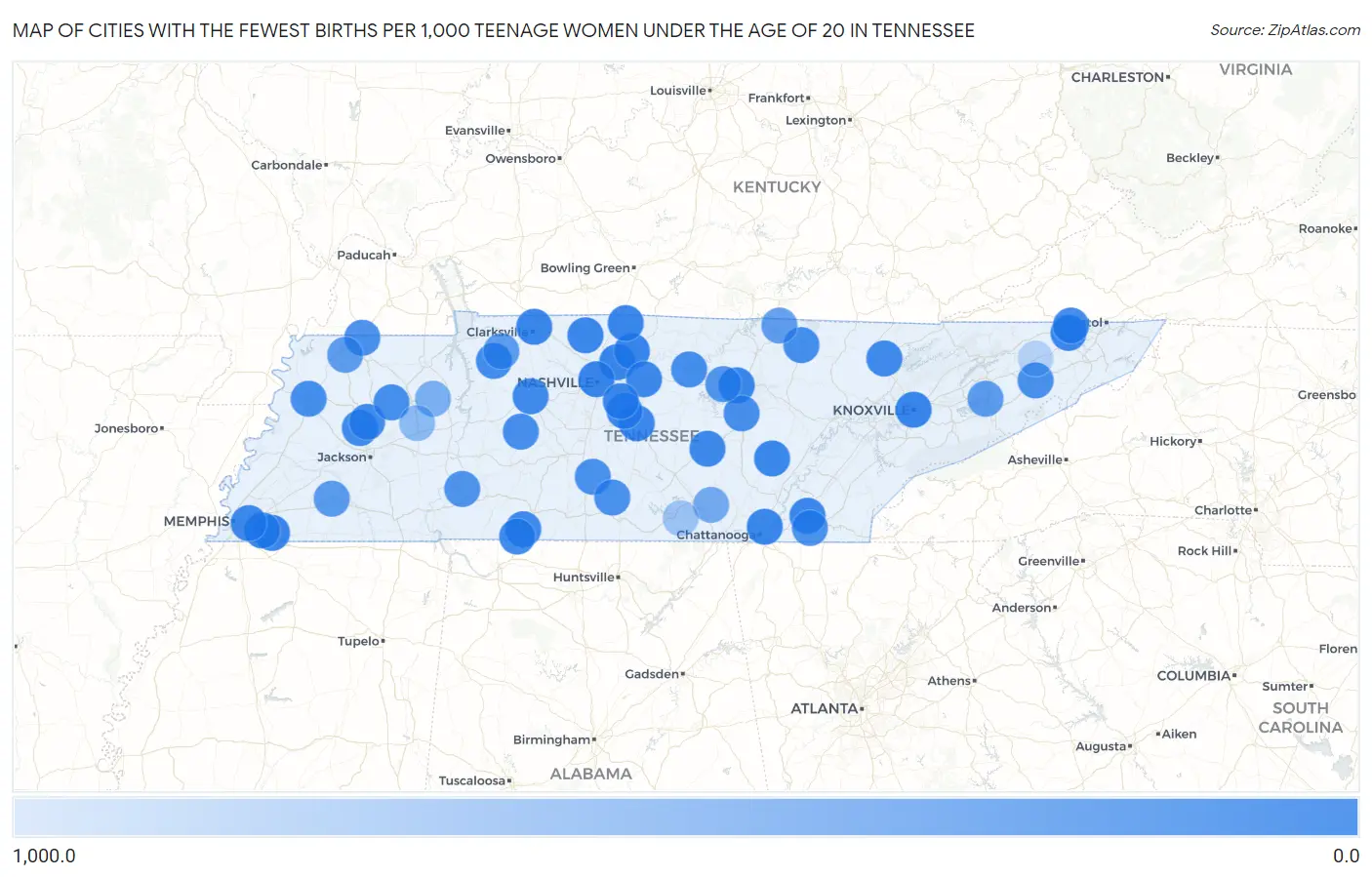 Cities with the Fewest Births per 1,000 Teenage Women Under the Age of 20 in Tennessee Map