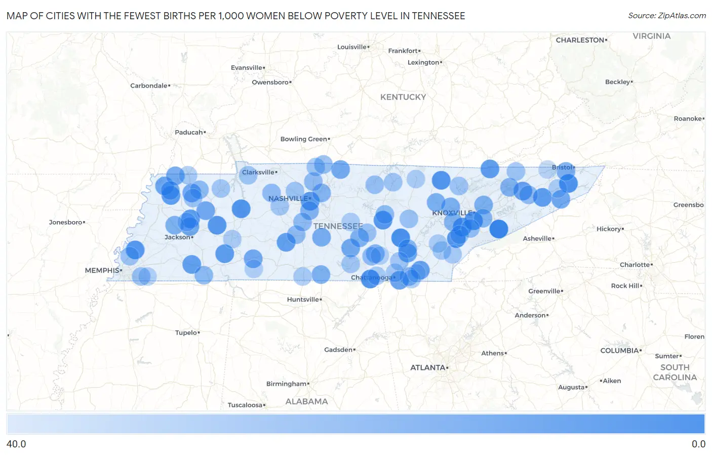 Cities with the Fewest Births per 1,000 Women Below Poverty Level in Tennessee Map
