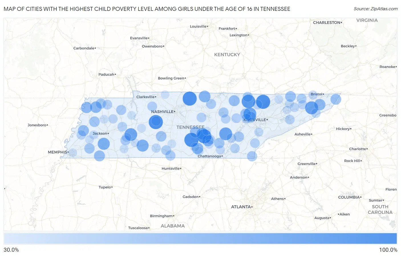 Cities with the Highest Child Poverty Level Among Girls Under the Age of 16 in Tennessee Map