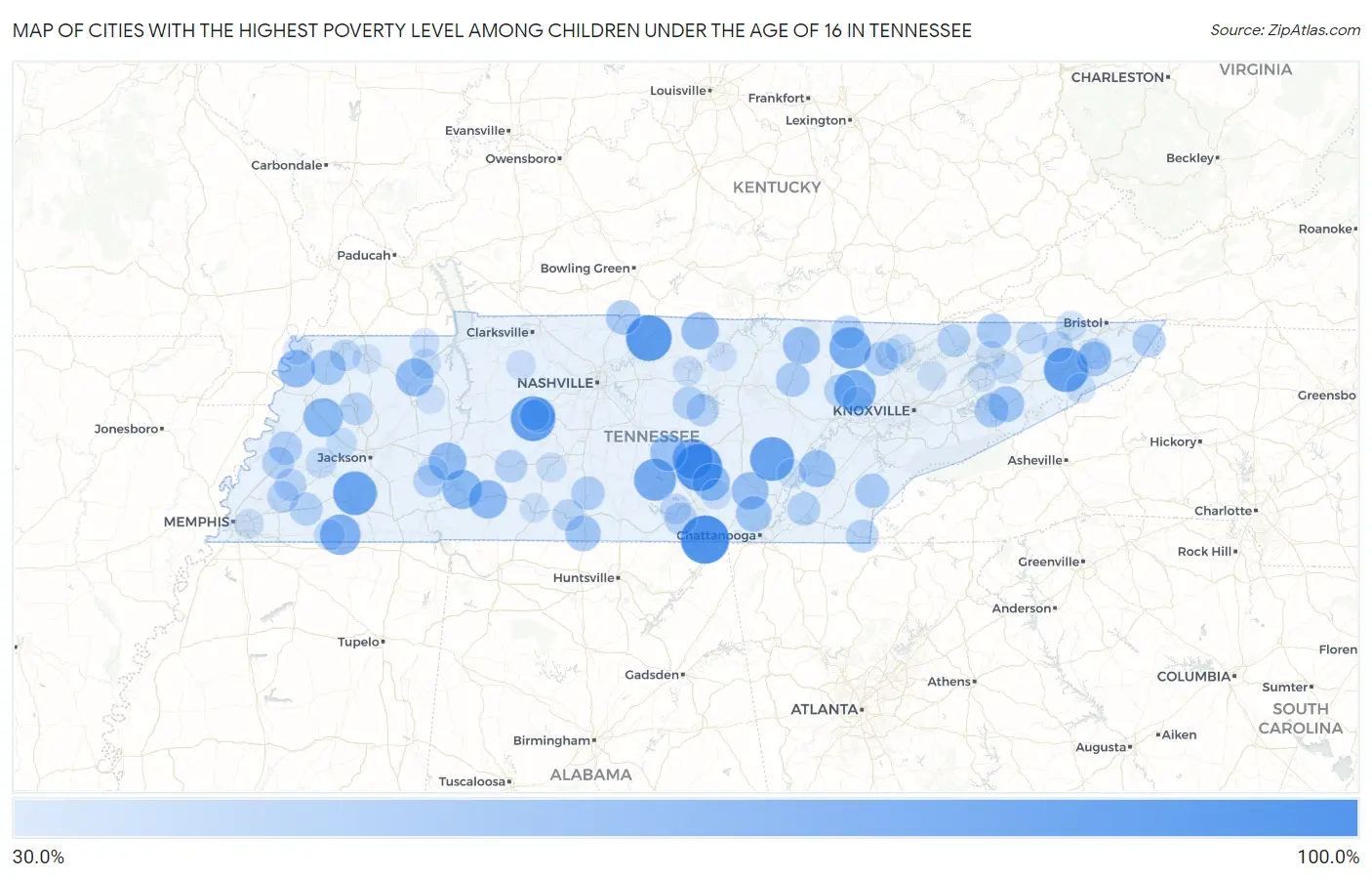 Cities with the Highest Poverty Level Among Children Under the Age of 16 in Tennessee Map