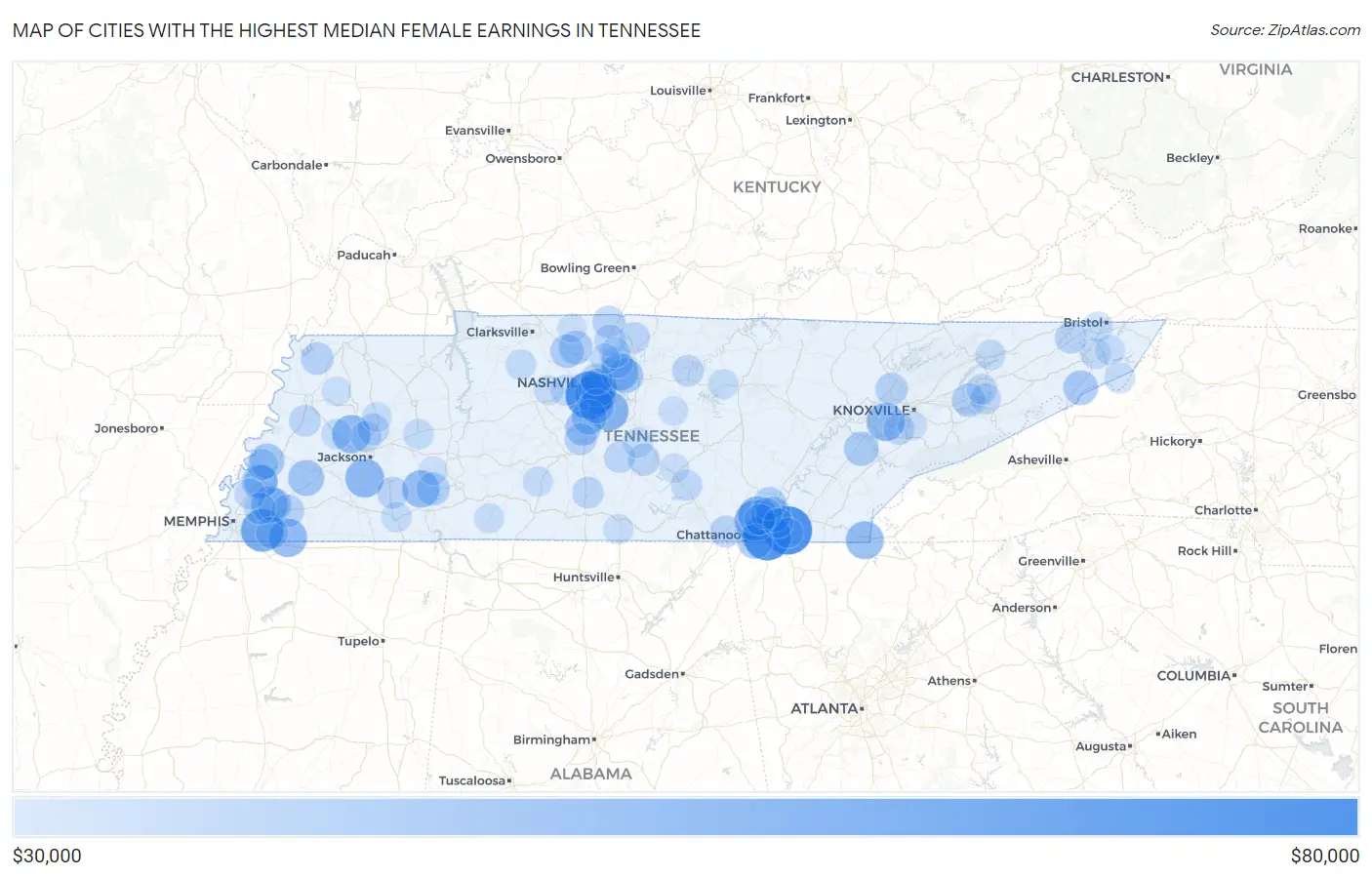 Cities with the Highest Median Female Earnings in Tennessee Map