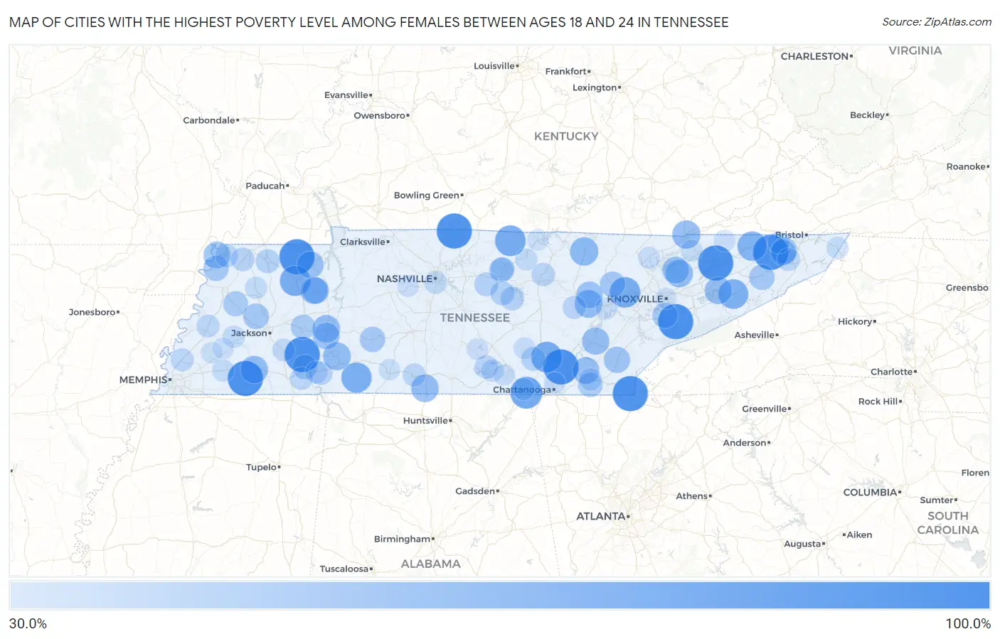 Cities with the Highest Poverty Level Among Females Between Ages 18 and 24 in Tennessee Map