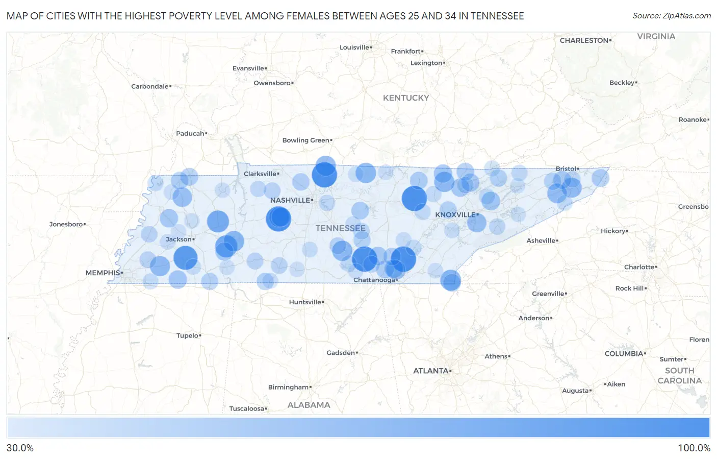 Cities with the Highest Poverty Level Among Females Between Ages 25 and 34 in Tennessee Map