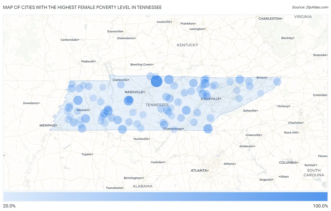Cities with the Highest Female Poverty Level in Tennessee Map